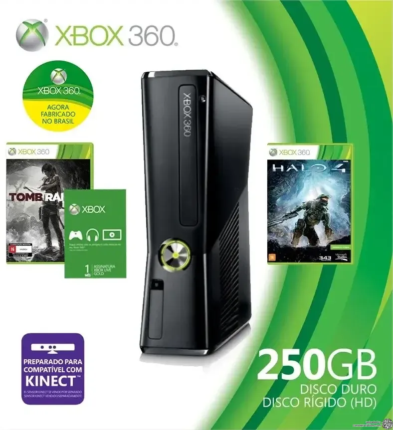 Microsoft Xbox 360 250GB + Tomb Raider and Halo + 1 Month Live Gold Bundle (BR)