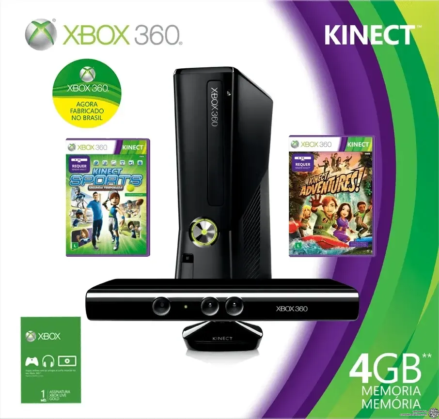 Microsoft Xbox 360 4GB + Kinect + Kinect Adventures and Kinect Sports + 1 Month Live Gold Bundle (BR)